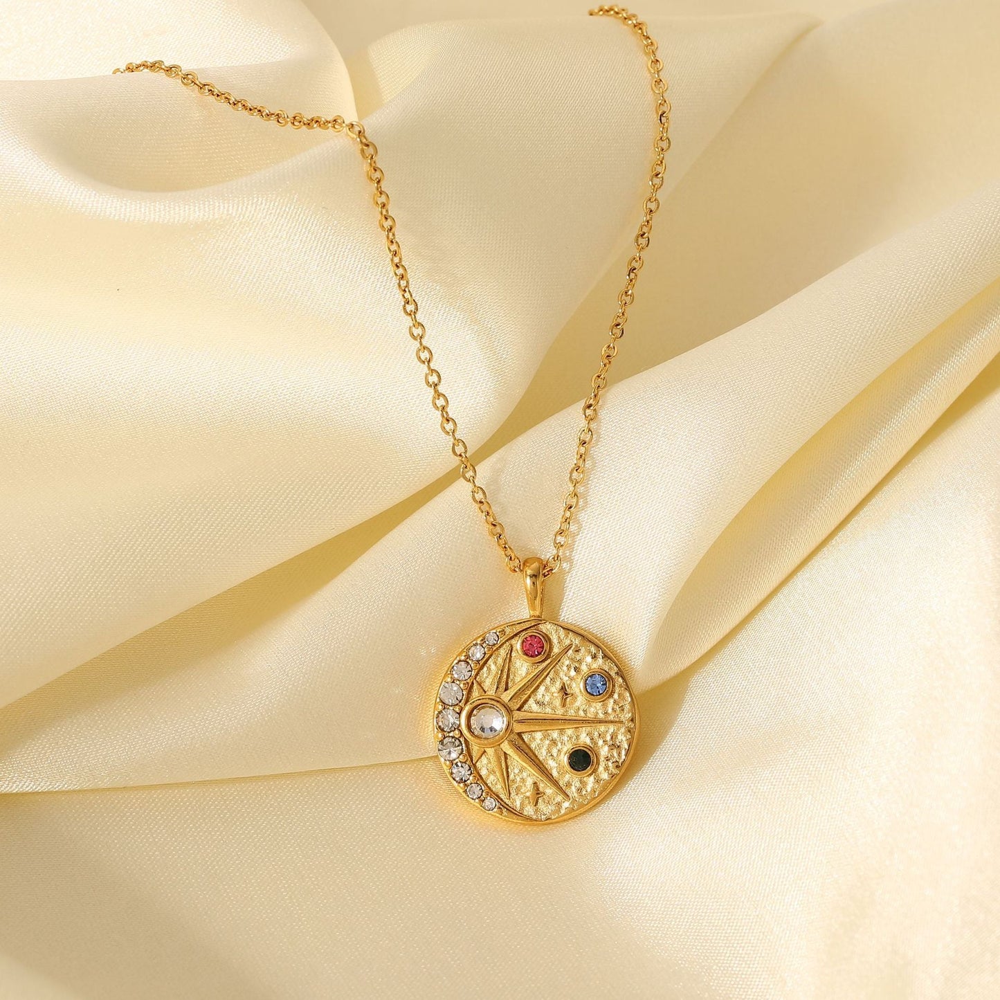 Stainless steel 18k gold-plated sun moon relief drooping pattern colored zircon round medallion pendant necklace