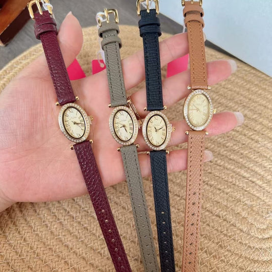 Elegant Oval Diamond-Studded Leather Roman Retro Watch