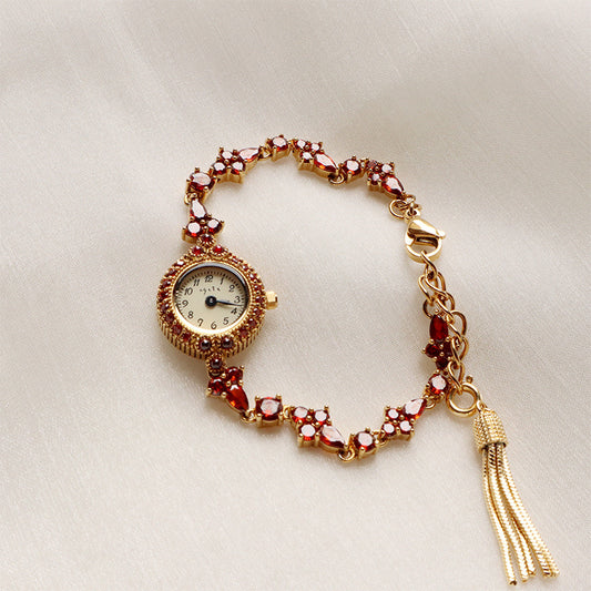 5A Natural Garnet Tassel Chain Bracelet Watch