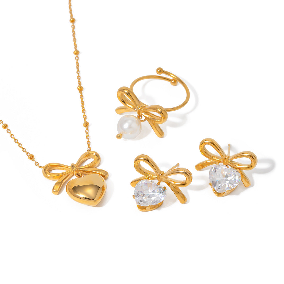 Stainless steel 18k gold-plated bow and heart necklace