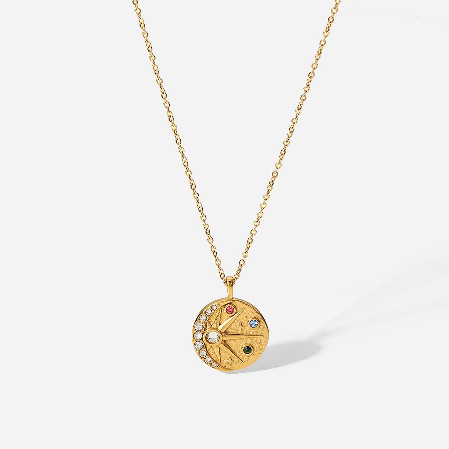 Stainless steel 18k gold-plated sun moon relief drooping pattern colored zircon round medallion pendant necklace