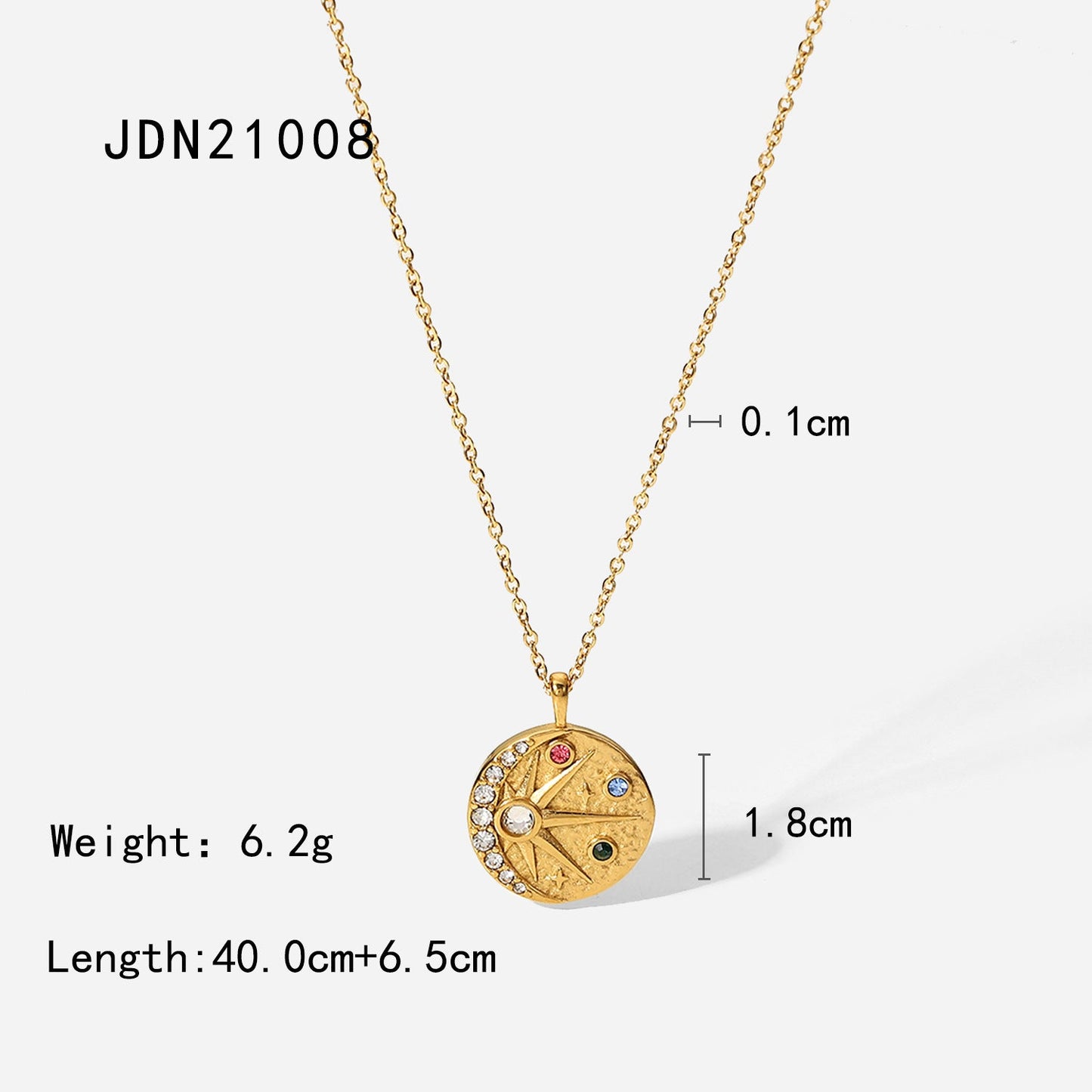 Stainless steel 18k gold-plated sun moon relief drooping pattern colored zircon round medallion pendant necklace