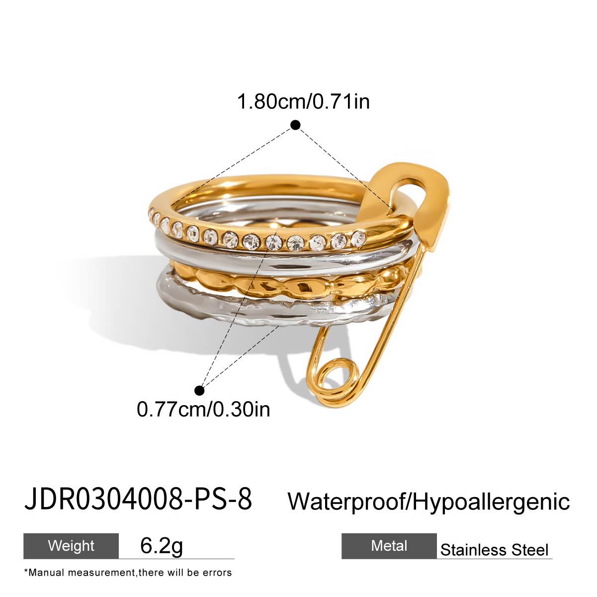 Stainless steel 18k gold-plated safety pin ring