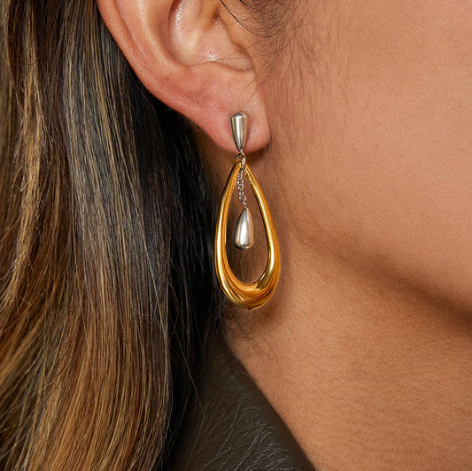 Two-tone stainless steel teardrop earrings