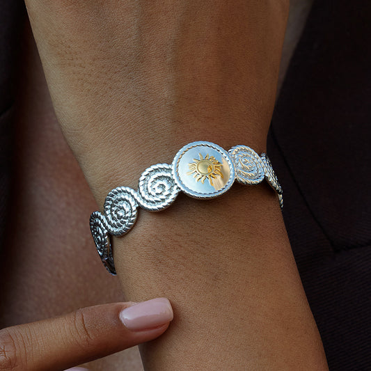Two-tone stainless steel sun open bangle