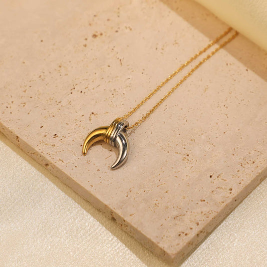 18K gold plated two-tone stainless steel moon necklace