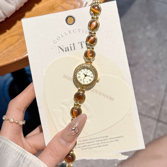 Vintage Colorful Cat's Eye Stone Chain Quartz Watch