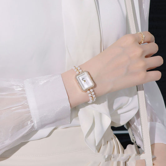 Women's Pearl Bracelet Small Square Watch