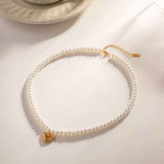 Stainless steel 18k gold-plated pearl heart pendant necklace