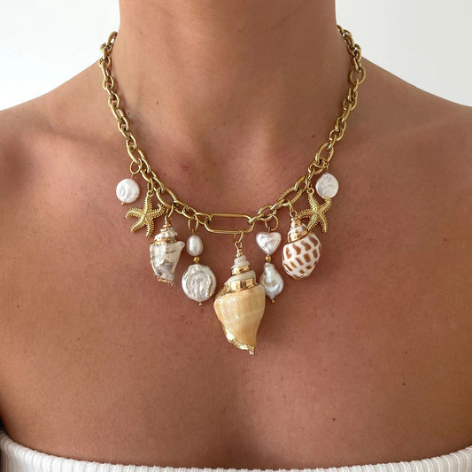 Stainless steel 18k gold-plated shell and pearl pendant necklace
