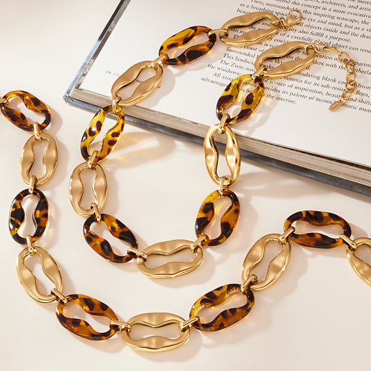 Stainless steel 18k gold-plated leopard print resin pig nose jewelry set