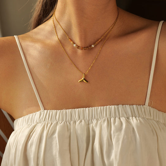 Stainless steel 18k gold-plated double-layered fish tail pendant necklace