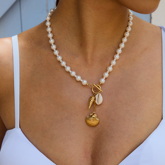 Stainless steel 18k gold-plated pearl necklace
