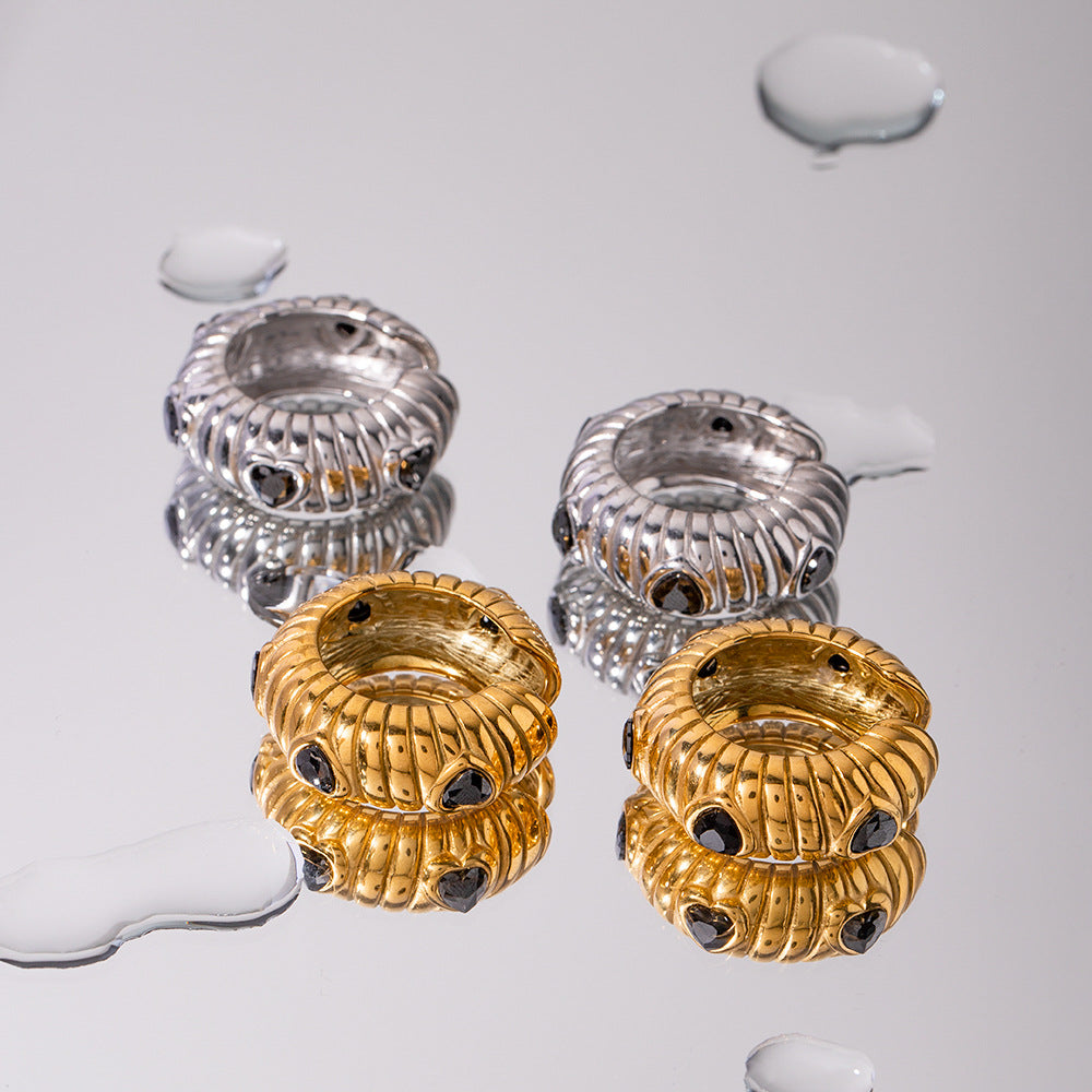 Stainless steel black cubic zirconia puffed texture ear clips