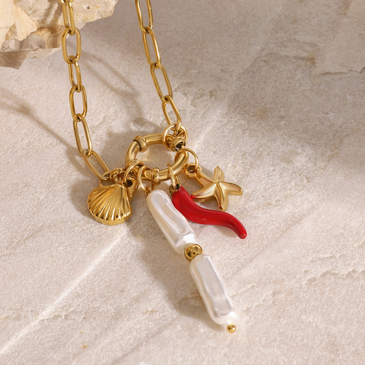 Stainless steel 18k gold-plated marine sailor knot pearl pendant bracelet