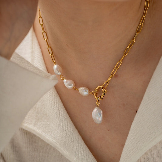Stainless steel 18k gold-plated pearl pendant necklace