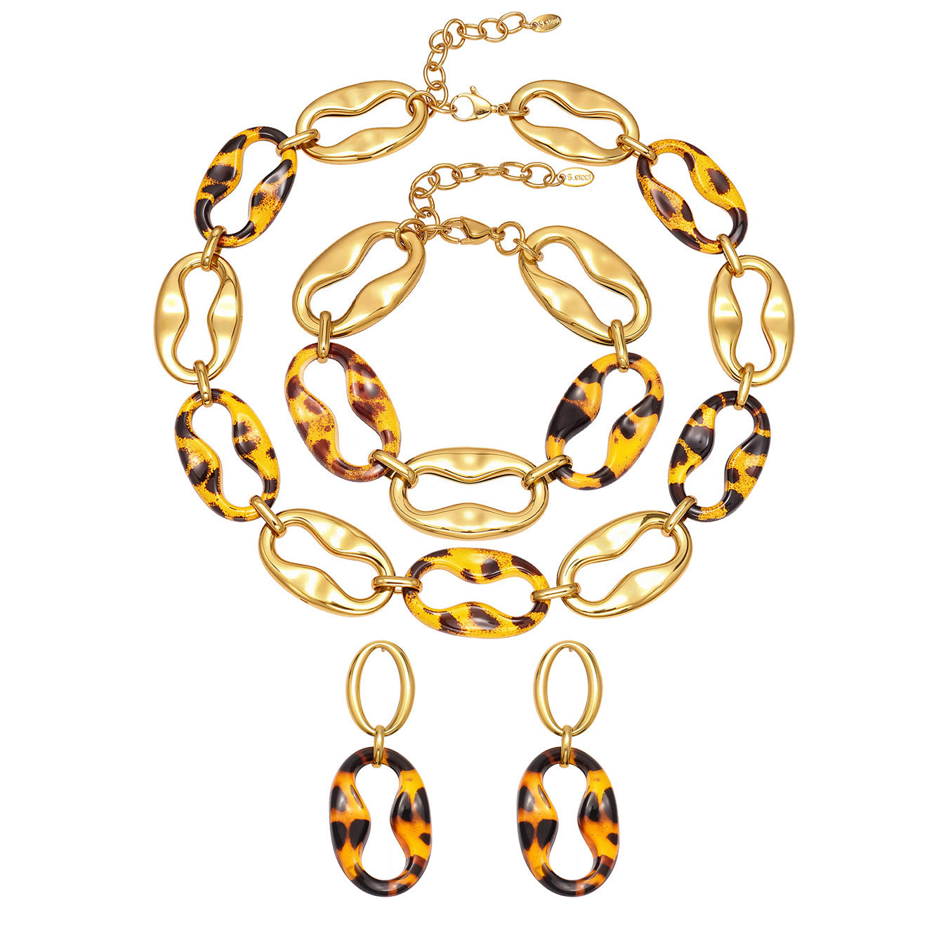 Stainless steel 18k gold-plated leopard print resin pig nose jewelry set