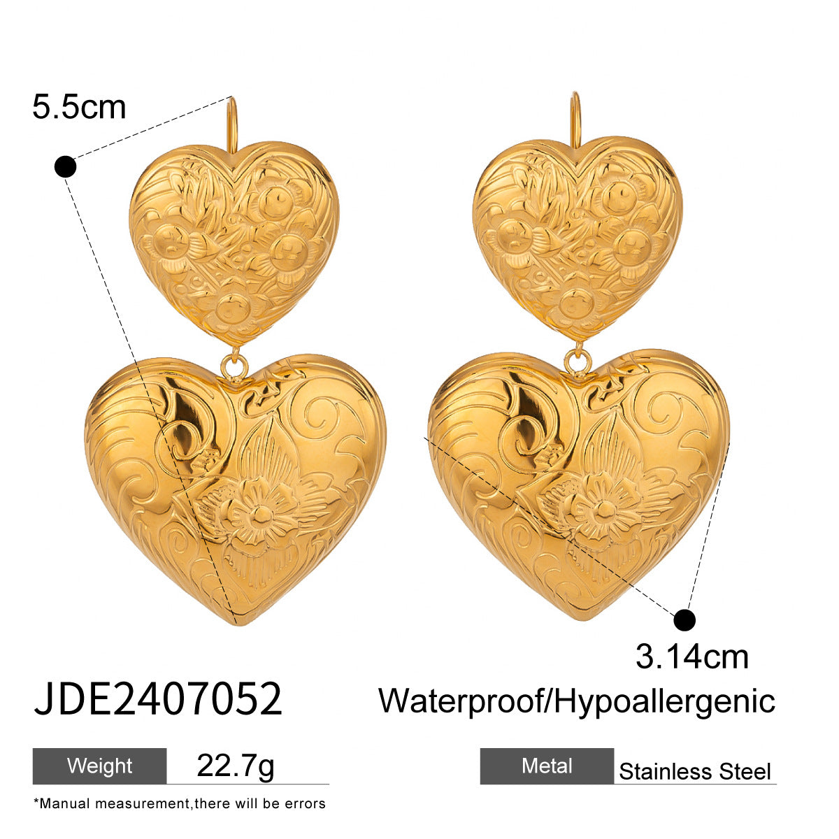 Stainless steel 18k gold-plated heart earrings