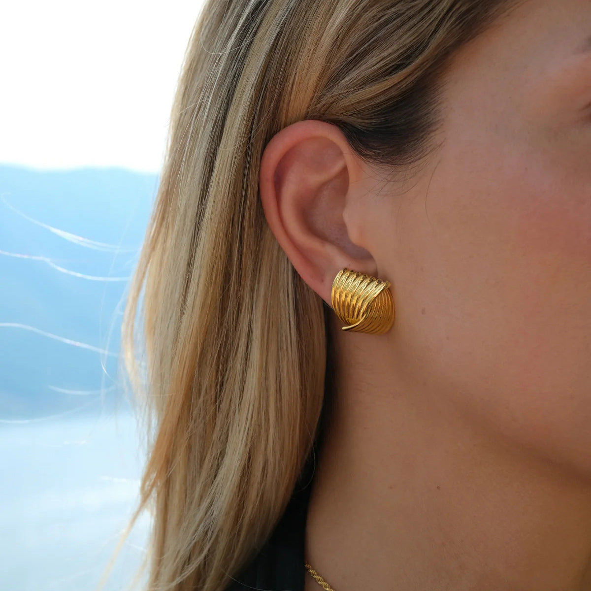 Stainless steel 18k gold-plated stripe textures earrings