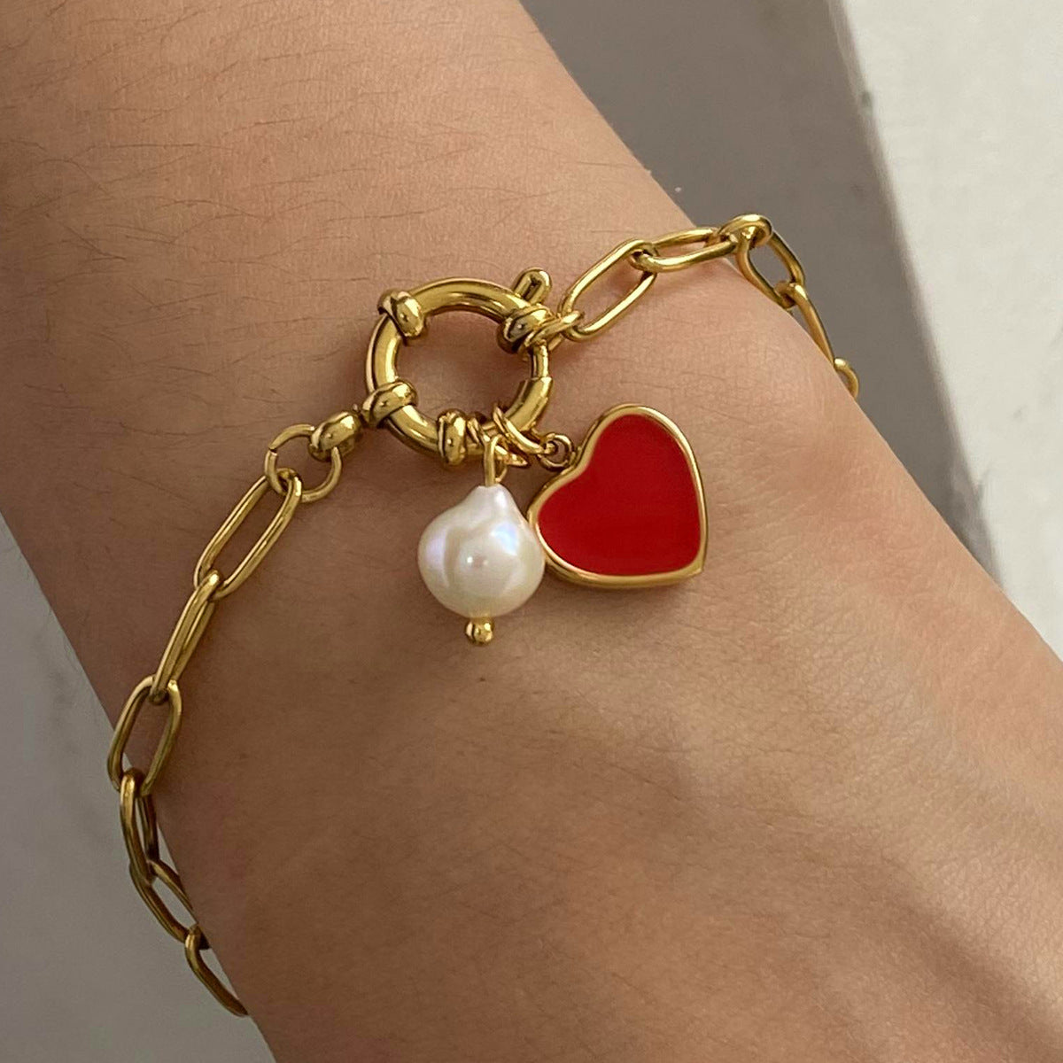 Stainless steel 18k gold-plated pearl heart bracelet