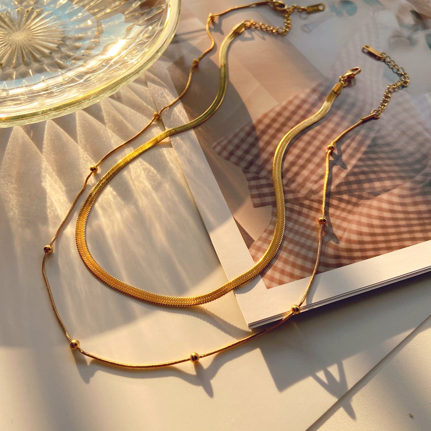 Stainless steel 14k gold-plated round bead necklace
