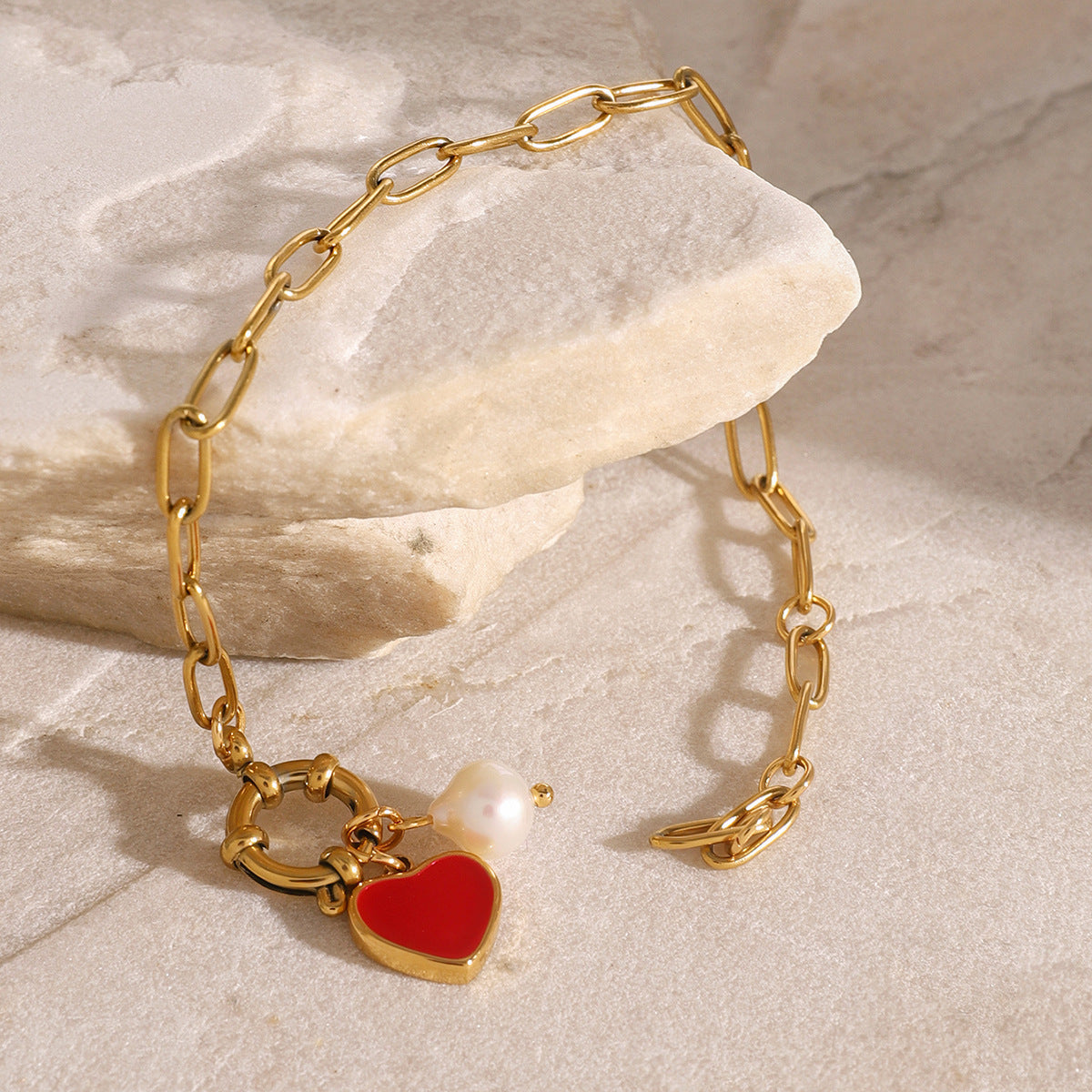 Stainless steel 18k gold-plated pearl heart bracelet