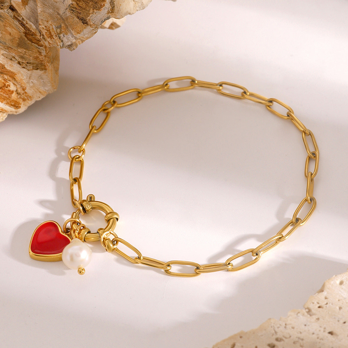 Stainless steel 18k gold-plated pearl heart bracelet