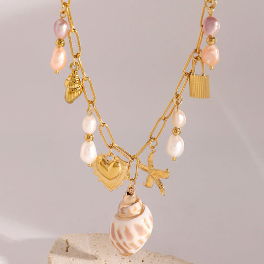 Stainless steel 18k gold-plated heart pearl ocean style necklace