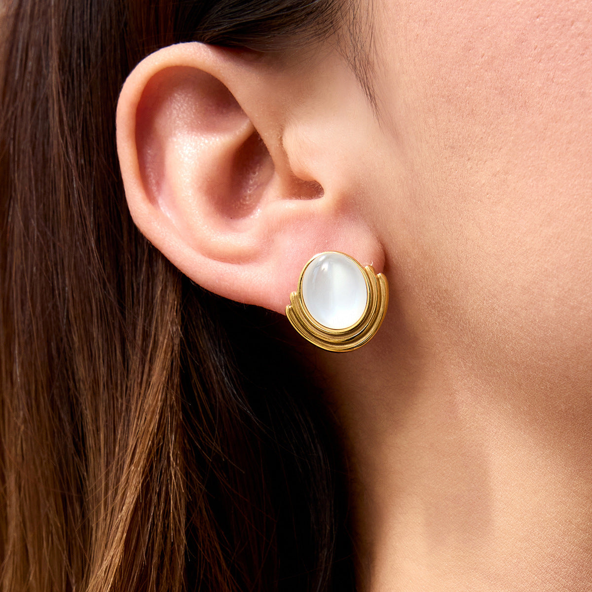 Stainless steel 18k gold-plated cat's eye stone earrings