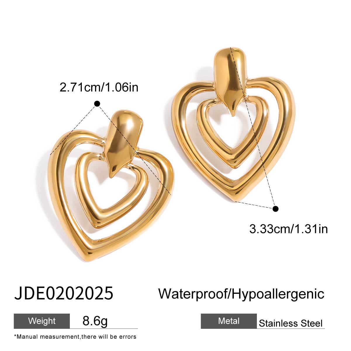 Stainless steel 18k gold-plated double heart earrings
