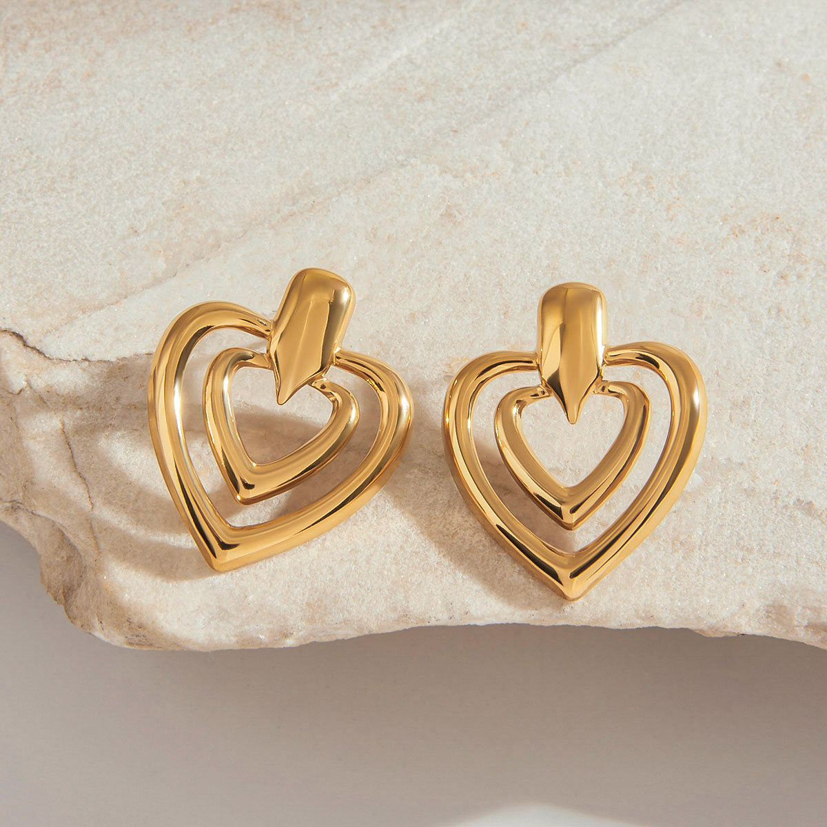 Stainless steel 18k gold-plated double heart earrings