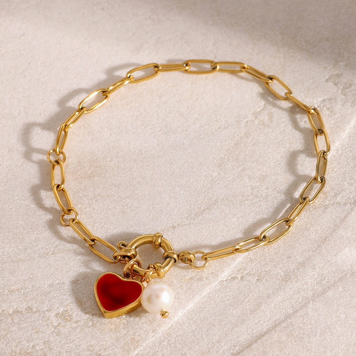 Stainless steel 18k gold-plated pearl heart bracelet